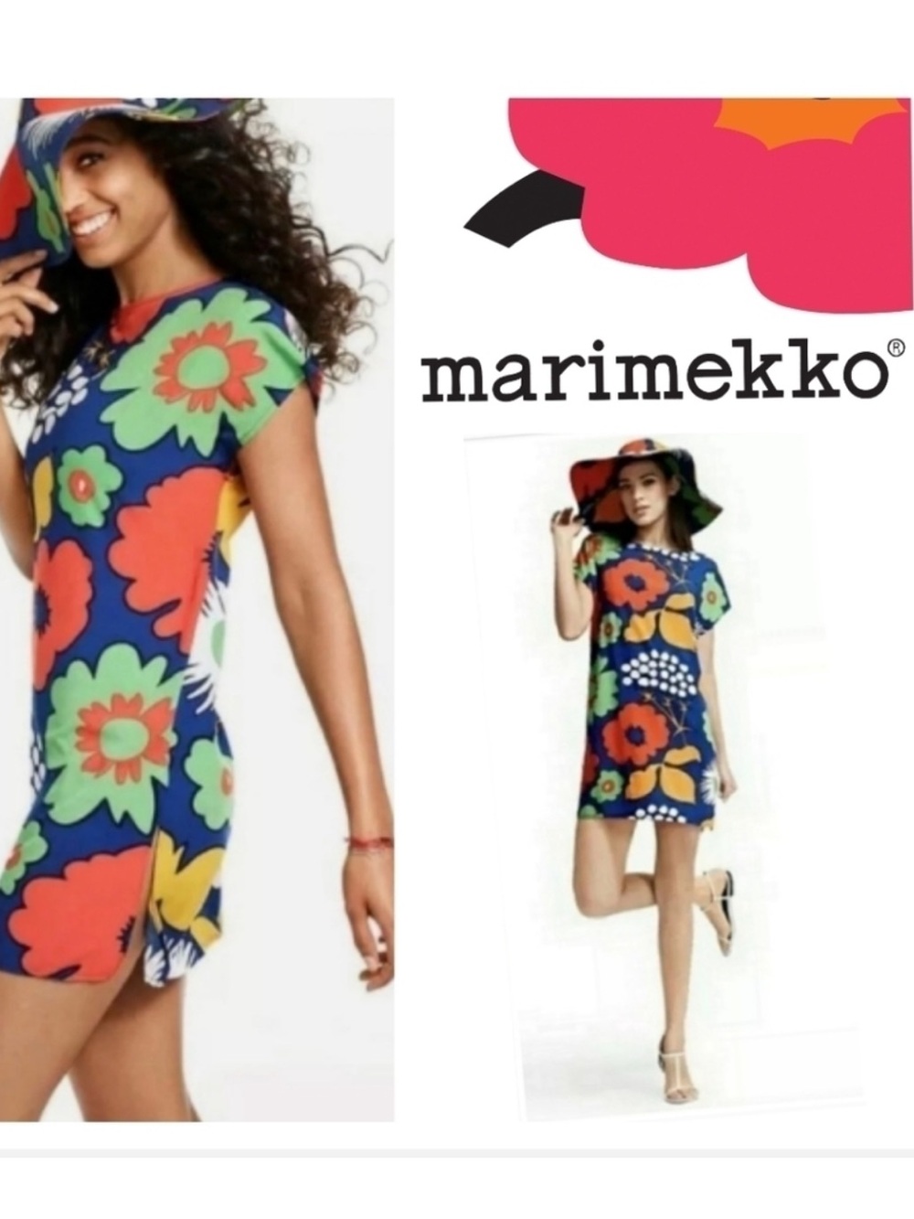 Marimekko Navy Shift Dress with Orange, Green & Yellow Floral Print